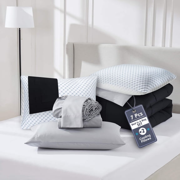 Virtu Full Size Comforter Set 9 Piece Reversible Comforter Set Full Bed in a Bag Full All Season, Full Bed In A Bag With 2 Memory Foam Pillows, Black