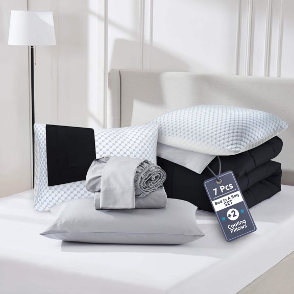 Virtu Full Size Comforter Set 9 Piece Reversible Comforter Set Full Bed in a Bag Full All Season, Full Bed In A Bag With 2 Memory Foam Pillows, Black