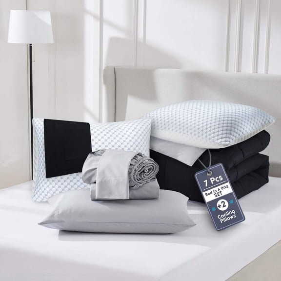 Virtu Full Size Comforter Set 9 Piece Reversible Comforter Set Full Bed in a Bag Full All Season, Full Bed In A Bag With 2 Memory Foam Pillows, Black