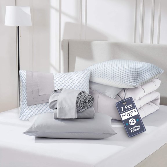Virtu Full Size Comforter Set 9 Piece Reversible Comforter Set Full Bed in a Bag Full All Season, Full Bed In A Bag With 2 Memory Foam Pillows, White