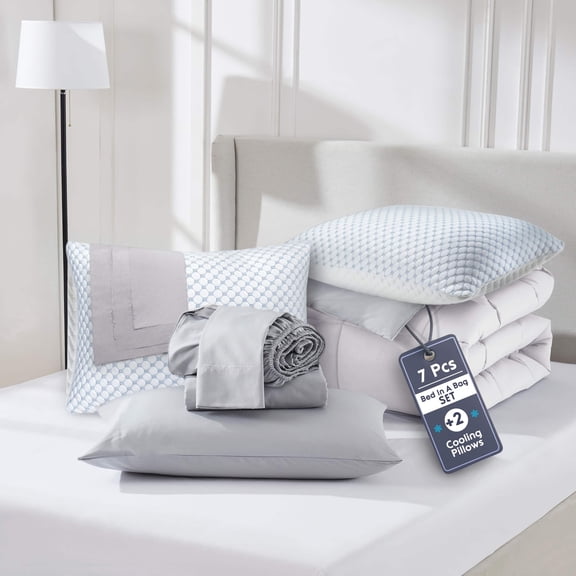Virtu Full Size Comforter Set 9 Piece Reversible Comforter Set Full Bed in a Bag Full All Season, Full Bed In A Bag With 2 Memory Foam Pillows, White