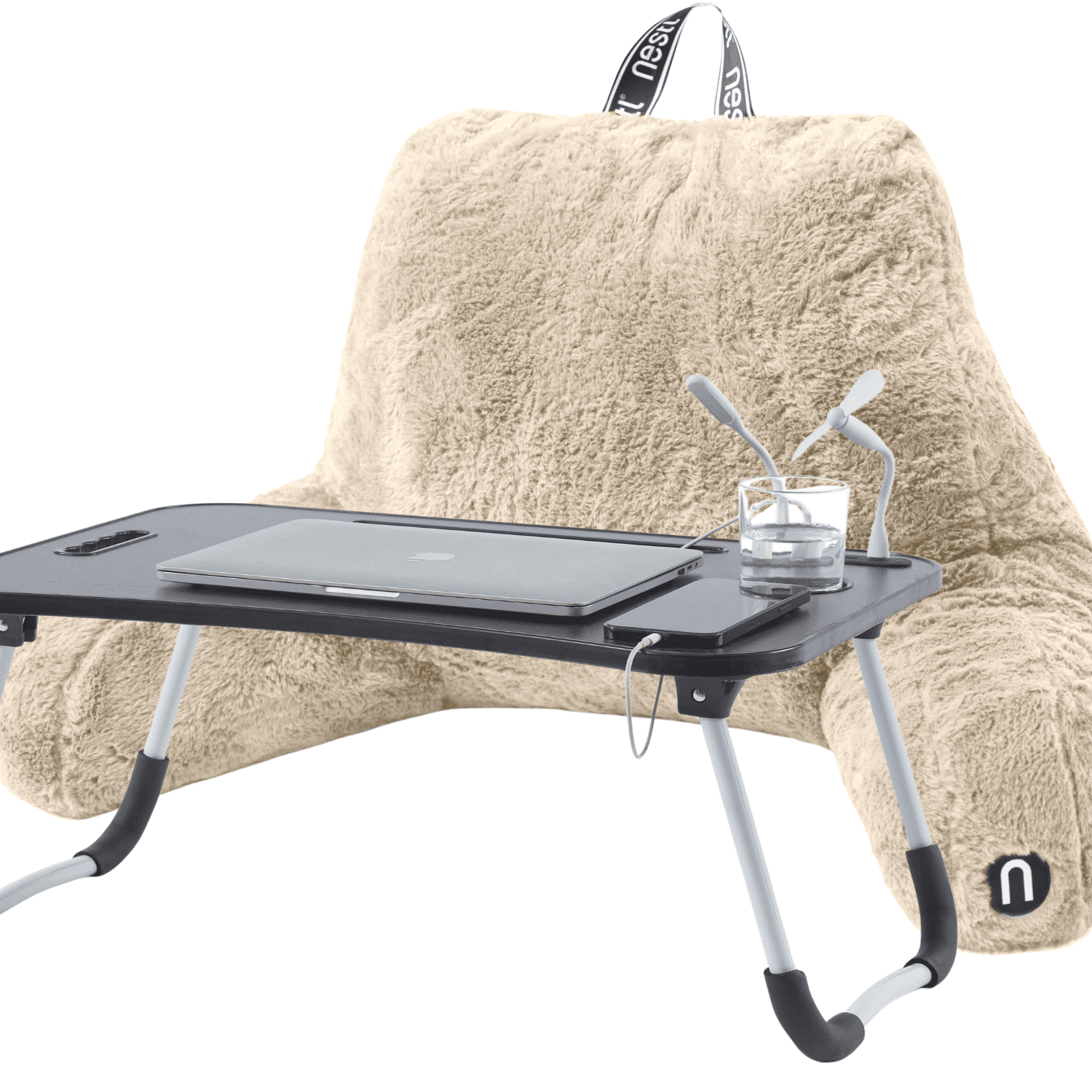 Nestl Fur Reading Pillow with Lap Desk, Stylish Arm Rest Pillow, Lap Desk with Backrest Pillow for Sitting in Bed, Faux Fur, Linen