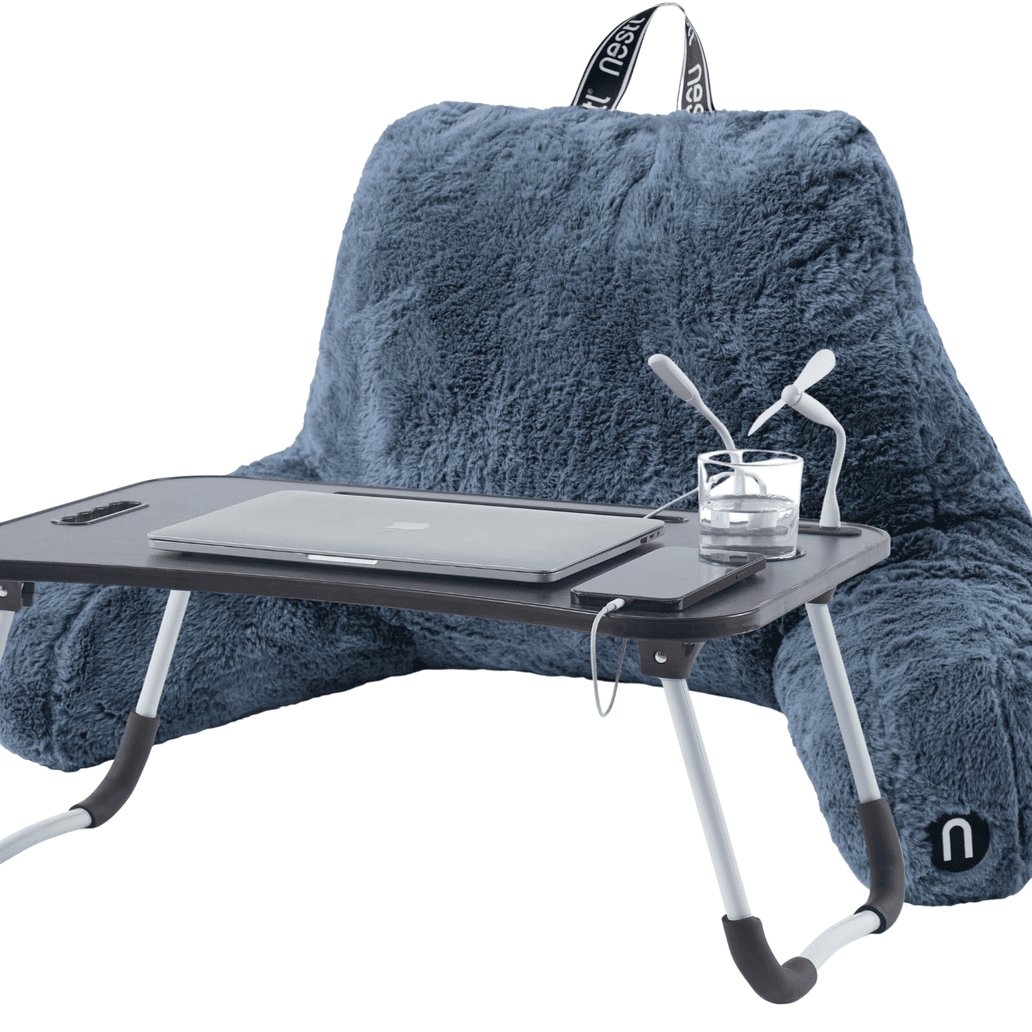 Nestl Fur Reading Pillow with Lap Desk, Stylish Arm Rest Pillow, Lap Desk with Backrest Pillow for Sitting in Bed, Faux Fur, Navy