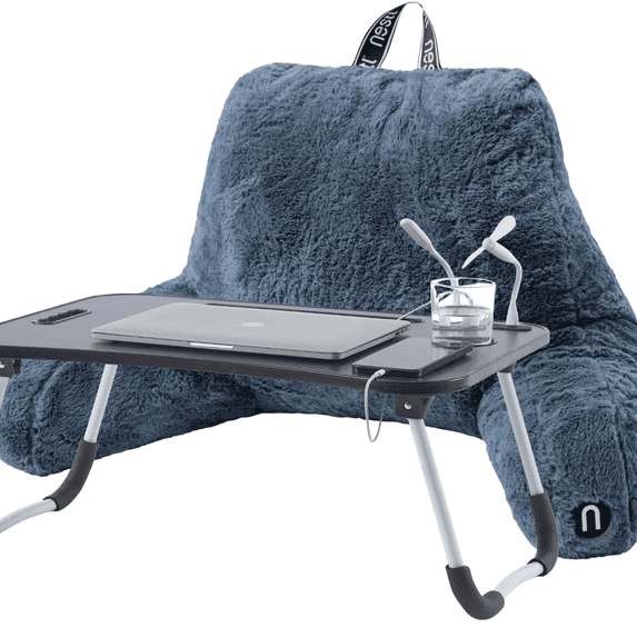 Nestl Fur Reading Pillow with Lap Desk, Stylish Arm Rest Pillow, Lap Desk with Backrest Pillow for Sitting in Bed, Faux Fur, Navy