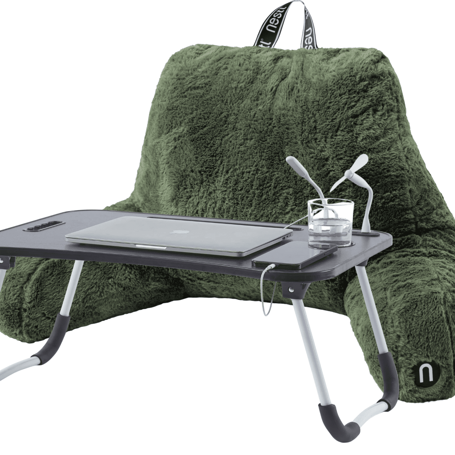 Nestl Fur Reading Pillow with Lap Desk, Stylish Arm Rest Pillow, Lap Desk with Backrest Pillow for Sitting in Bed, Faux Fur, Olive Green