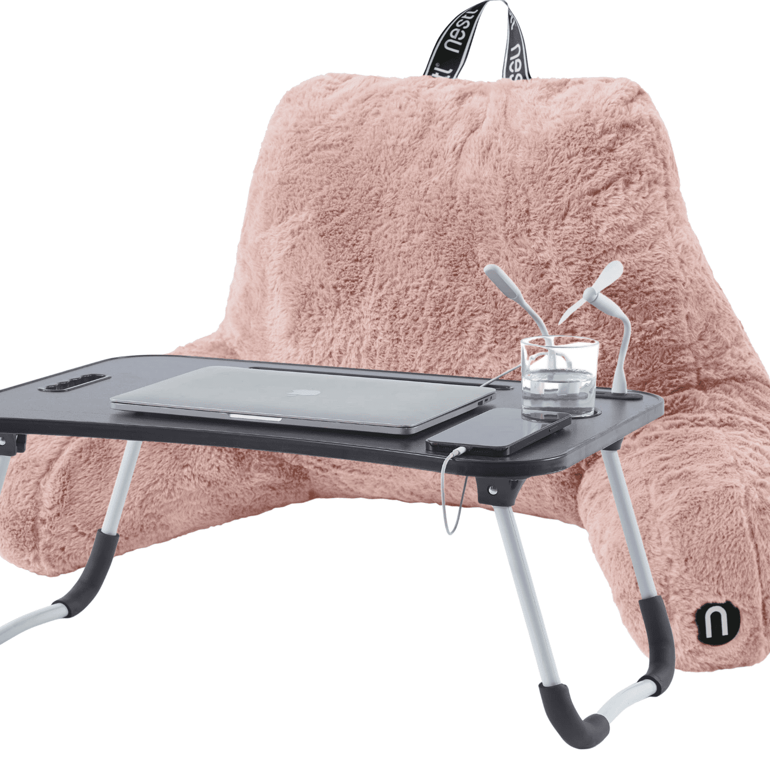 Nestl Fur Reading Pillow with Lap Desk, Stylish Arm Rest Pillow, Lap Desk with Backrest Pillow for Sitting in Bed, Faux Fur, Peach Beige