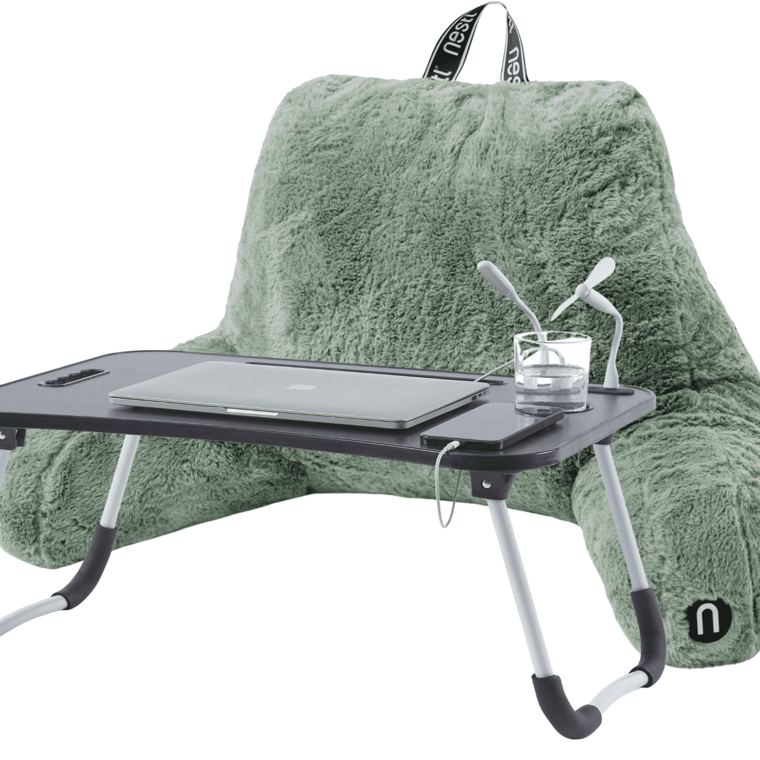 Nestl Fur Reading Pillow with Lap Desk, Stylish Arm Rest Pillow, Lap Desk with Backrest Pillow for Sitting in Bed, Faux Fur, Sage Green
