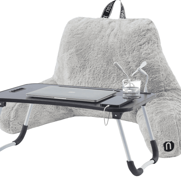 Nestl Fur Reading Pillow with Lap Desk, Stylish Arm Rest Pillow, Lap Desk with Backrest Pillow for Sitting in Bed, Faux Fur, Silver
