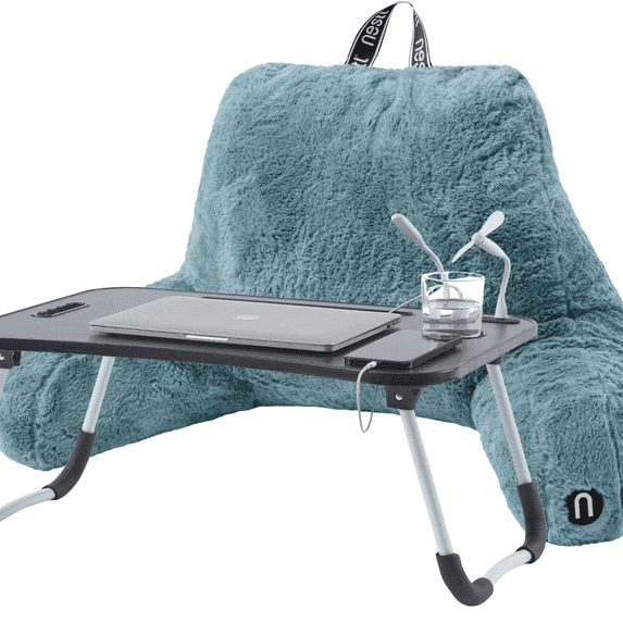 Nestl Fur Reading Pillow with Lap Desk, Stylish Arm Rest Pillow, Lap Desk with Backrest Pillow for Sitting in Bed, Faux Fur, Stone Blue