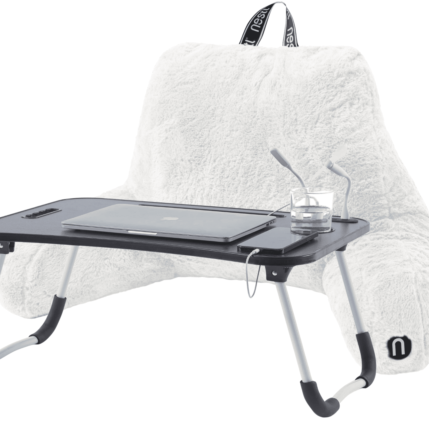 Nestl Fur Reading Pillow with Lap Desk, Stylish Arm Rest Pillow, Lap Desk with Backrest Pillow for Sitting in Bed, Faux Fur, White
