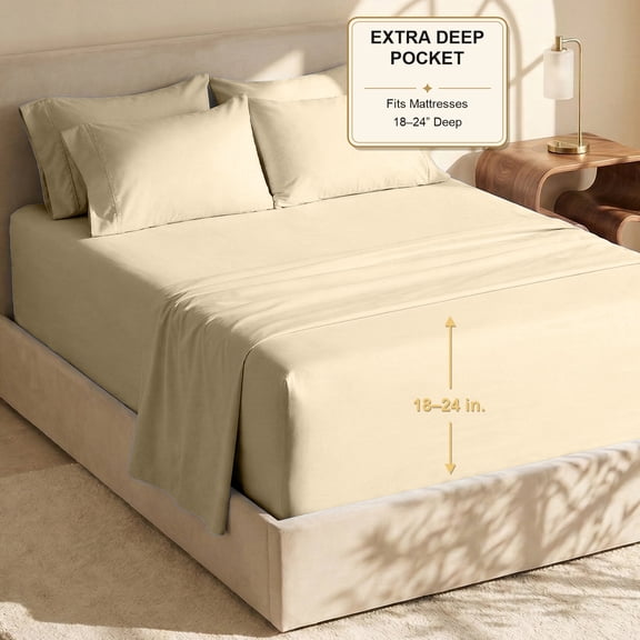 Nestl Extra Deep Pocket Full Size Sheets - 6 Piece Soft Microfiber Bed Sheets Set Fits 18"-24" Mattresses, Beige Cream