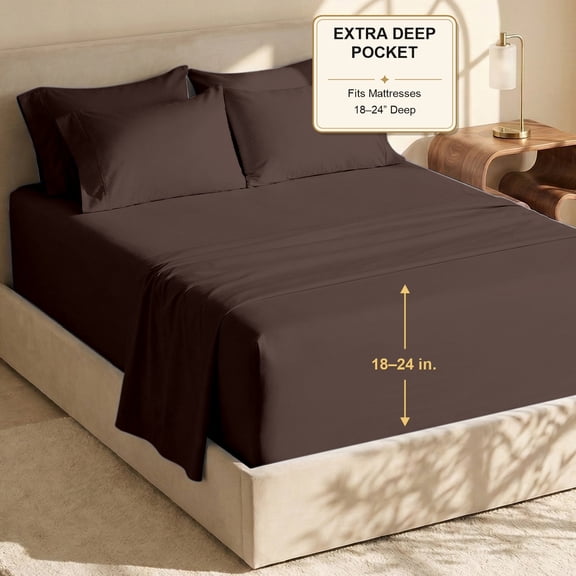 Nestl Extra Deep Pocket King Sheets - 6 Piece Soft Microfiber Bed Sheets Set Fits 18"-24" Mattresses, Brown
