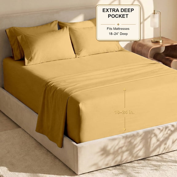 Nestl Extra Deep Pocket Queen Sheets - 6 Piece Soft Microfiber Bed Sheets Set Fits 18"-24" Mattresses, Camel Gold