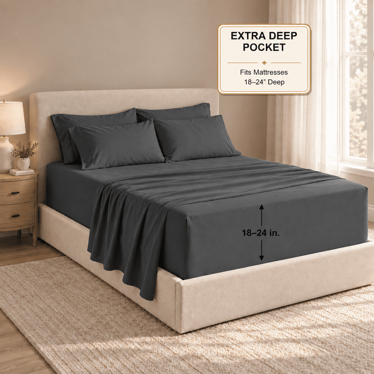 Nestl Extra Deep Pocket Queen Sheets - 6 Piece Soft Microfiber Bed Sheets Set Fits 18"-24" Mattresses, Dark Gray