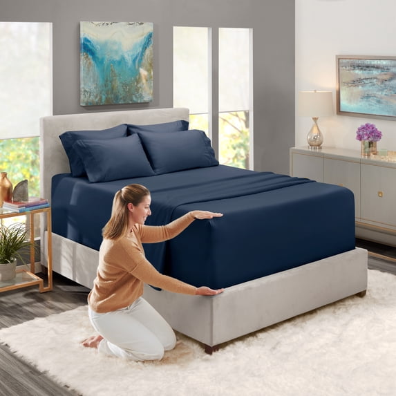 Clara Clark Hotel Luxury Soft Microfiber Extra Deep Pocket 7 Piece Bed Sheets Set, Fits 18"-24", Split King, Navy Blue