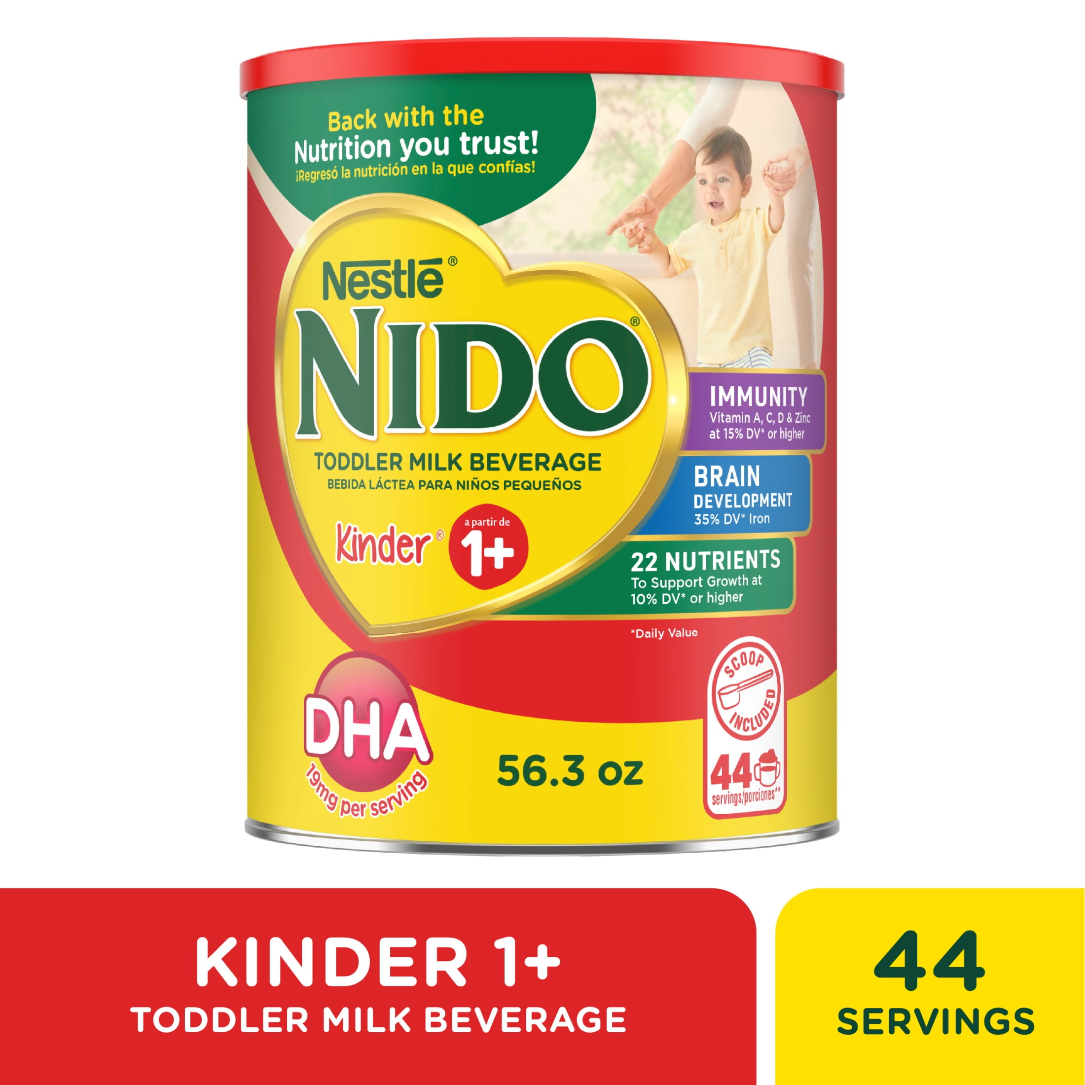 NIDO Kinder 1+ Powder Beverage Mix, Immunity Toddler Milk with Vitamins A, C, D, Iron to Support Growth, 56.3 oz Canister