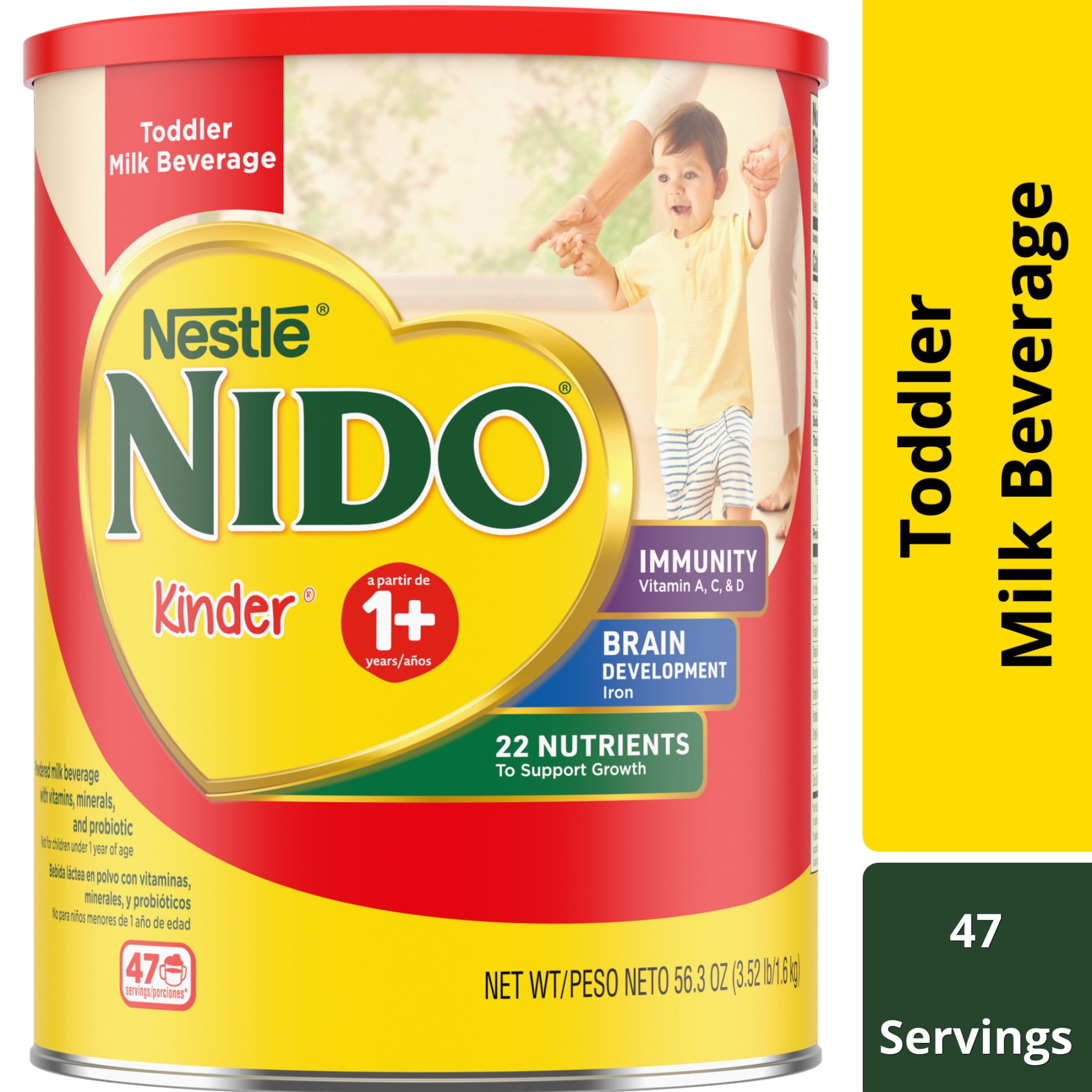 NIDO Kinder 1+ Powder Beverage Mix, Immunity Toddler Milk with Vitamins A, C, D, Iron to Support Growth, 56.3 oz Canister