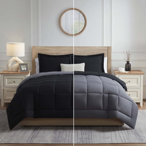 Nestl Oversized King Comforter Set, 3 Piece Bed in a Bag, Reversible Down Alternative Bedding Set, Black & Gray