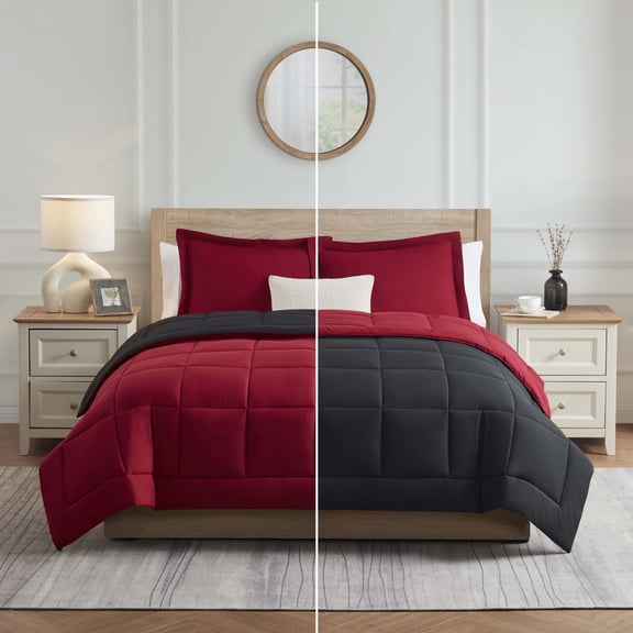 Nestl Oversized King Comforter Set, 3 Piece Bed in a Bag, Reversible Down Alternative Bedding Set, Burgundy & Black
