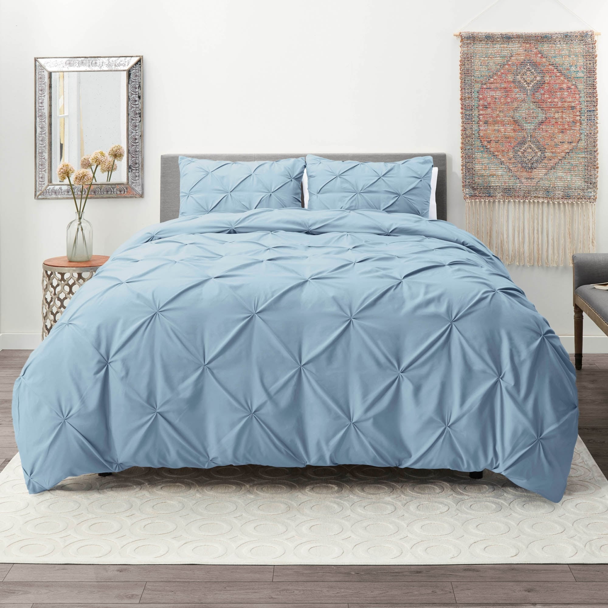 Ice Blue Queen Pintuck Microfiber Duvet Cover Set
