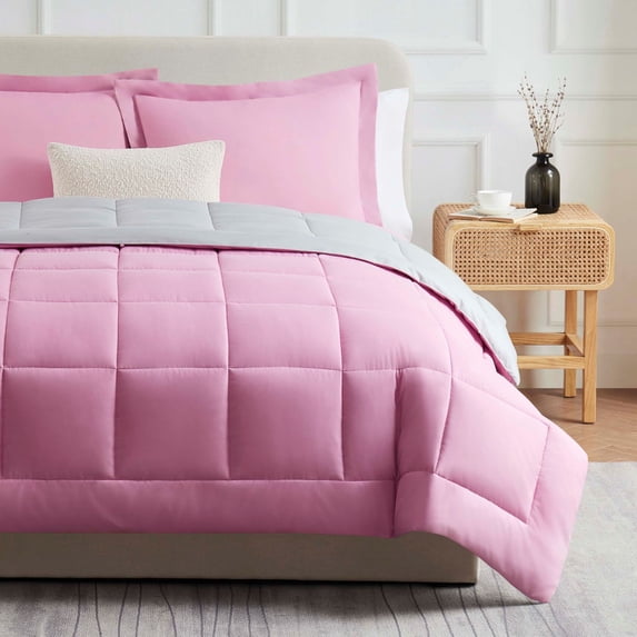 Nestl Queen Comforter Set, 3 Piece Bed in a Bag, Reversible Down Alternative Bedding Set, Pink & Light Gray