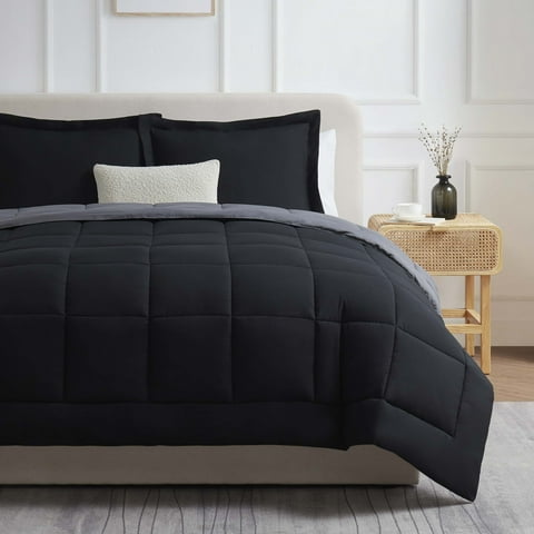 Nestl Queen Comforter Set, 3 Piece Bed in a Bag, Reversible Down Alternative Bedding Set, Black & Gray