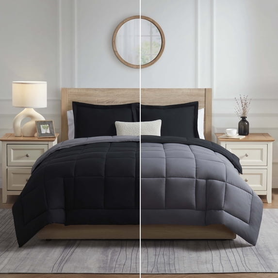 Nestl Queen Comforter Set, 3 Piece Bed in a Bag, Reversible Down Alternative Bedding Set, Black & Gray