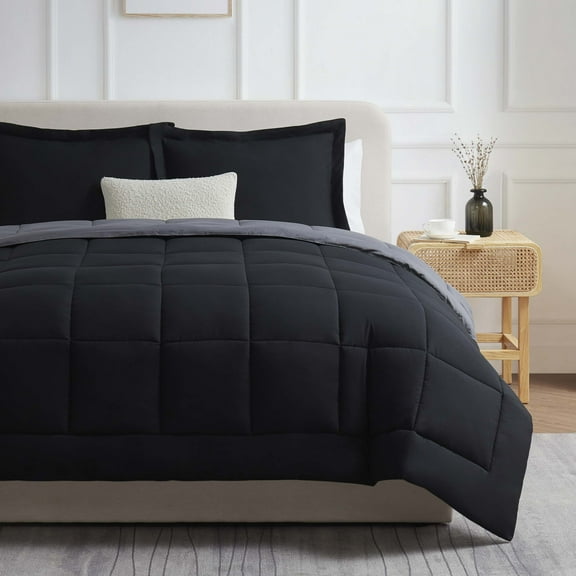 Nestl Queen Comforter Set, 3 Piece Bed in a Bag, Reversible Down Alternative Bedding Set, Black & Gray