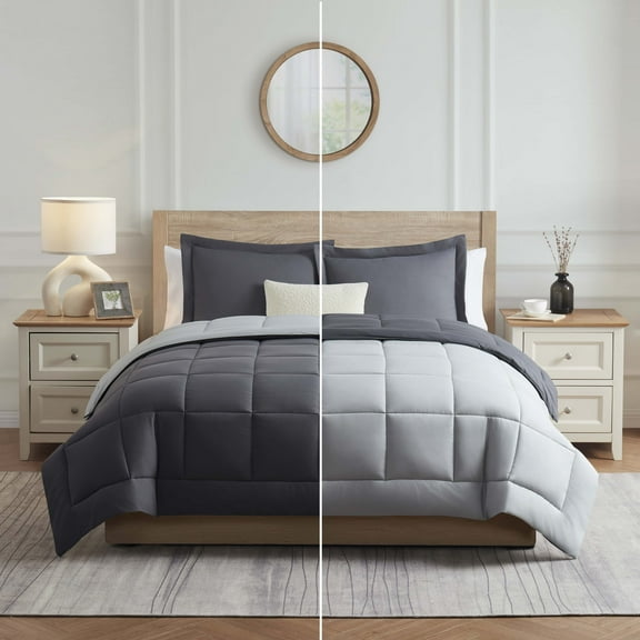 Nestl Queen Comforter Set, 3 Piece Bed in a Bag, Reversible Down Alternative Bedding Set, Gray & Light Gray