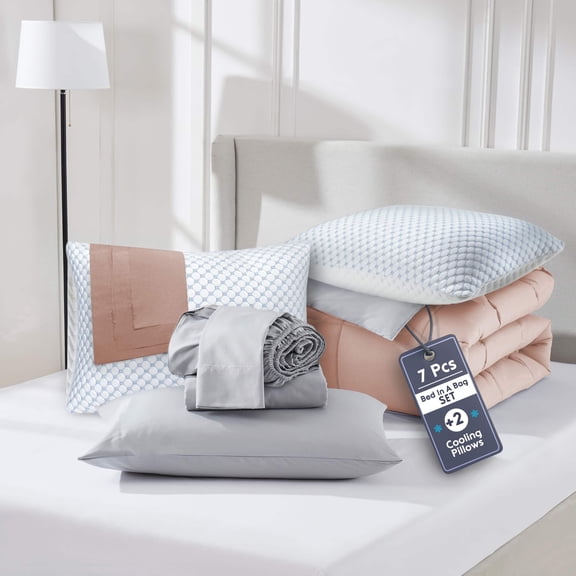 Virtu Queen Size Comforter Set 9 Piece Reversible Comforter Set Queen Bed in a Bag Queen All Season, Queen Bed In A Bag With 2 Memory Foam Pillows, Peach Beige