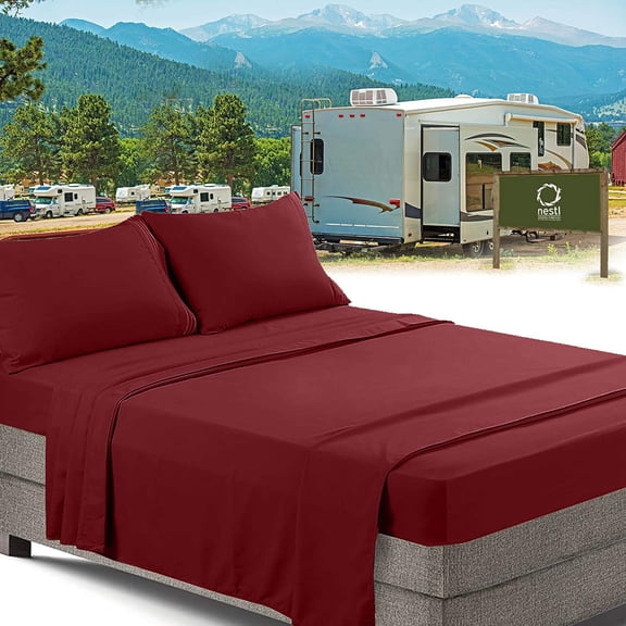 Nestl RV/Short Queen Bed Sheets Set Bedding Sheets Set for Campers, 4-Piece Bed Set, Deep Pockets Fitted Sheet, 100% Luxury Soft Microfiber, Hypoallergenic, Cool & Breathable, Burgundy
