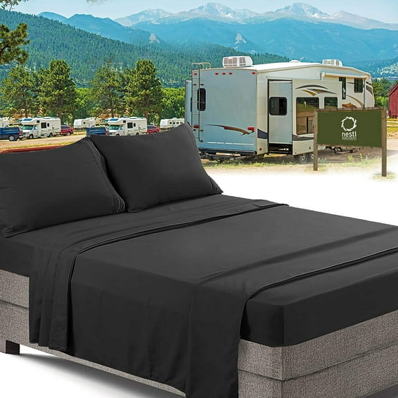 Nestl RV/Short Queen Bed Sheets Set Bedding Sheets Set for Campers, 4-Piece Bed Set, Deep Pockets Fitted Sheet, 100% Luxury Soft Microfiber, Hypoallergenic, Cool & Breathable, Black