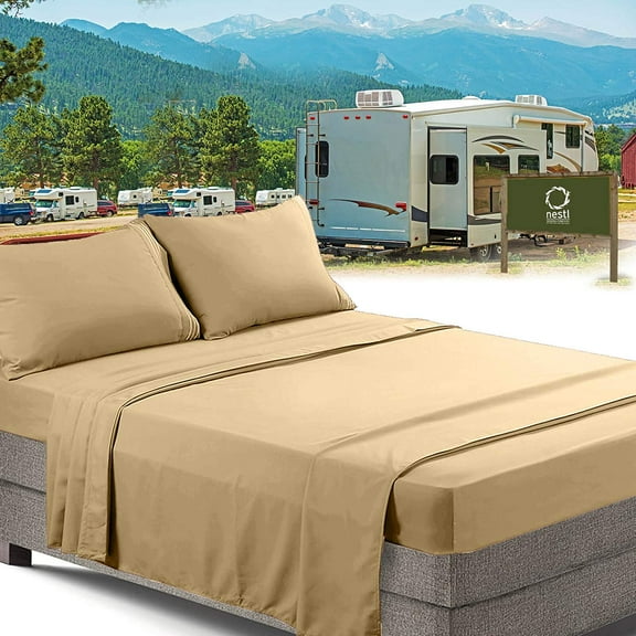 Nestl RV/Short Queen Bed Sheets Set Bedding Sheets Set for Campers, 4-Piece Bed Set, Deep Pockets Fitted Sheet, 100% Luxury Soft Microfiber, Hypoallergenic, Cool & Breathable, Gold