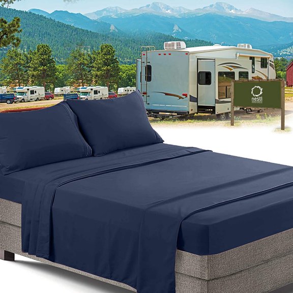 Nestl RV/Short Queen Bed Sheets Set Bedding Sheets Set for Campers, 4-Piece Bed Set, Deep Pockets Fitted Sheet, 100% Luxury Soft Microfiber, Hypoallergenic, Cool & Breathable, Navy