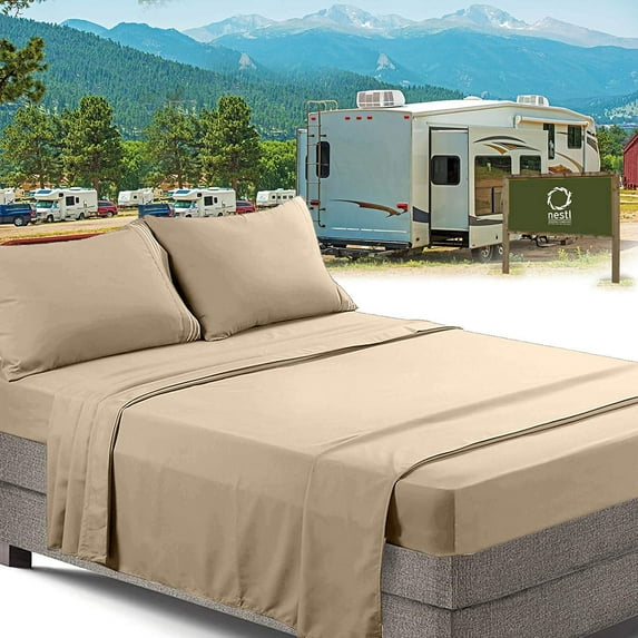Nestl RV/Short Queen Bed Sheets Set Bedding Sheets Set for Campers, 6-Piece Bed Set, Deep Pockets Fitted Sheet, 100% Luxury Soft Microfiber 2 Bonus Pillowcases, Beige Cream