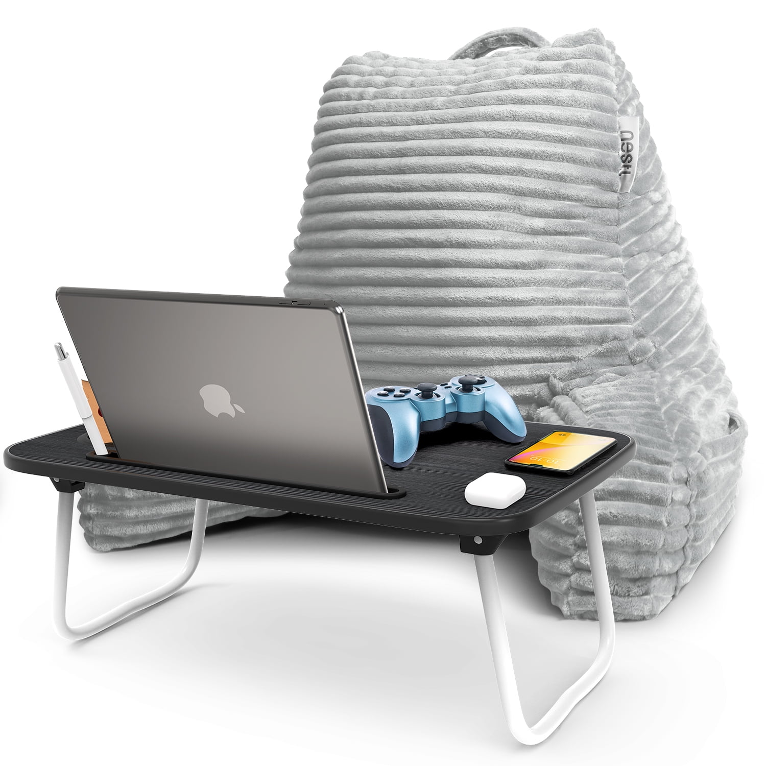 Nestl Reading Backrest Pillow Bonus Portable Lap Desk Stand for Laptop - Medium, Silver