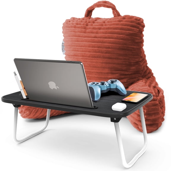 Nestl Reading Pillow Bonus Portable Lap Desk Stand for Laptop 19x11”, Cut Plush Striped Back Support Pillow, Shredded Memory Foam Bed Rest Pillow with Arms for Kids & Teens - Small, Misty
