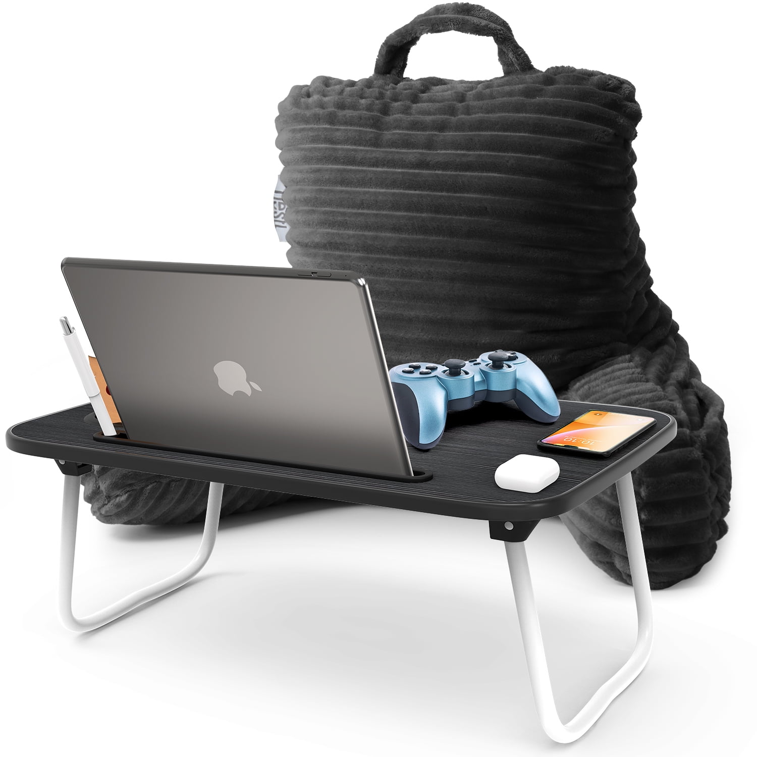 Nestl Reading Pillow Bonus Portable Lap Desk Stand for Laptop 19x11”, Cut Plush Striped Back Support Pillow, Shredded Memory Foam Bed Rest Pillow with Arms for Kids & Teens - Small, Gray