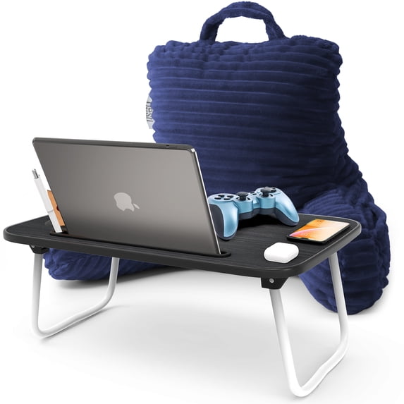 Nestl Reading Pillow Bonus Portable Lap Desk Stand for Laptop 19x11”, Cut Plush Striped Back Support Pillow, Shredded Memory Foam Bed Rest Pillow with Arms for Kids & Teens - Small, Navy