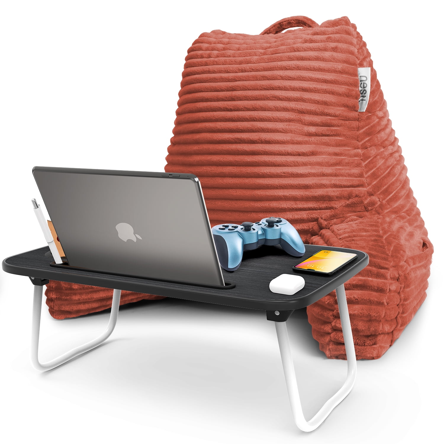 Nestl Reading Pillow Bonus Portable Lap Desk Stand for Laptop 22x14”, Cut Plush Striped Back Support Pillow, Shredded Memory Foam Bed Rest Pillow with Arms - Medium, Misty