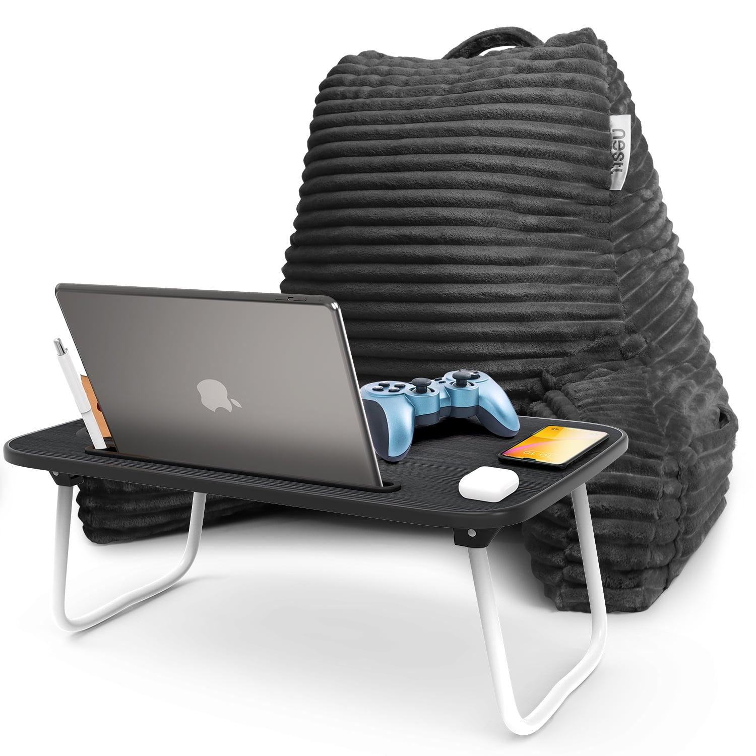 Nestl Reading Pillow Bonus Portable Lap Desk Stand for Laptop 22x14”, Cut Plush Striped Back Support Pillow, Shredded Memory Foam Bed Rest Pillow with Arms - Medium, Gray