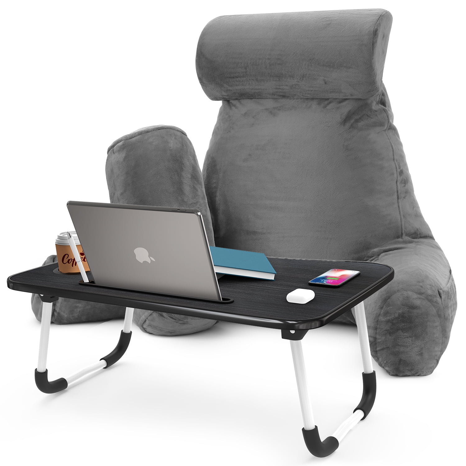 Nestl Reading Pillow Bonus Portable Lap Desk Stand for Laptop, Back Rest Pillow for Sitting in Bed, Shredded Memory Foam Bed Rest Pillow with Arms and Pockets, Large, Gray