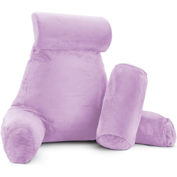 Nestl Reading Pillow, Extra Large Bed Rest Pillow with Arms – Premium Shredded Memory Foam TV Pillow, Detachable Neck Roll & Lumbar Support Pillow - Lavender Purple