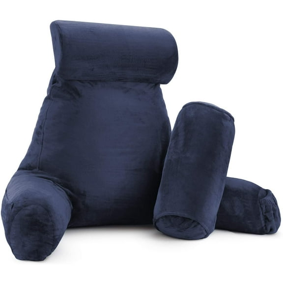 Nestl Reading Pillow, Extra Large Bed Rest Pillow with Arms – Premium Shredded Memory Foam TV Pillow, Detachable Neck Roll & Lumbar Support Pillow - Navy Blue