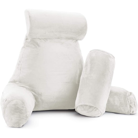 Nestl Reading Pillow, Extra Large Bed Rest Pillow with Arms – Premium Shredded Memory Foam TV Pillow, Detachable Neck Roll & Lumbar Support Pillow - White