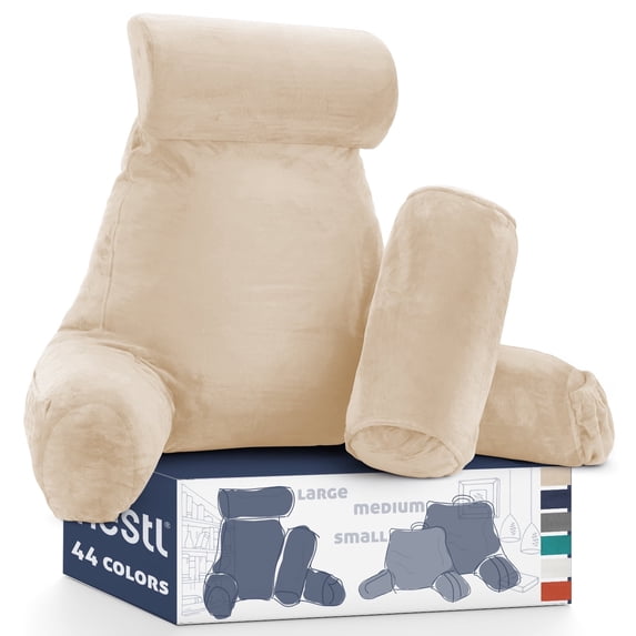 Nestl Reading Pillow, Extra Large Bed Rest Back Pillow with Arms For Bed, Premium Shredded Memory Foam Backrest Pillows, Detachable Neck Roll & Lumbar Back Support Pillow, Beige Cream
