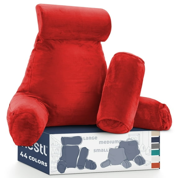Nestl Reading Pillow, Extra Large Comfortable Bed Rest Pillow with Arms - Premium Shredded Memory Foam TV Pillow, Detachable Neck Roll & Lumbar Support Pillow - Cherry Red