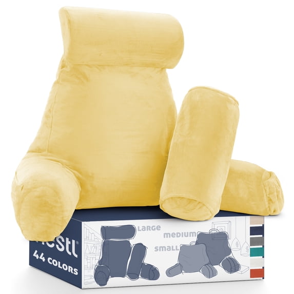 Nestl Reading Pillow, Extra Large Comfortable Bed Rest Pillow with Arms – Premium Shredded Memory Foam TV Pillow, Detachable Neck Roll & Lumbar Support Pillow - Light Yellow