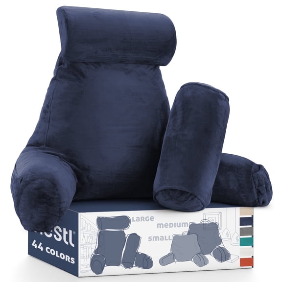 Nestl Reading Pillow, Extra Large Bed Rest Back Pillow with Arms For Bed, Premium Shredded Memory Foam Backrest Pillows, Detachable Neck Roll & Lumbar Back Support Pillow, Navy