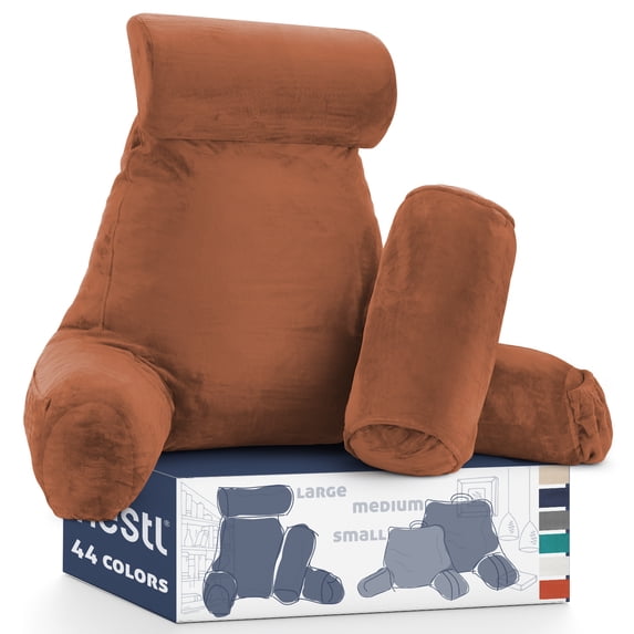 Nestl Reading Pillow, Extra Large Comfortable Bed Rest Pillow with Arms - Premium Shredded Memory Foam TV Pillow, Detachable Neck Roll & Lumbar Support Pillow - Rust Orange Brown
